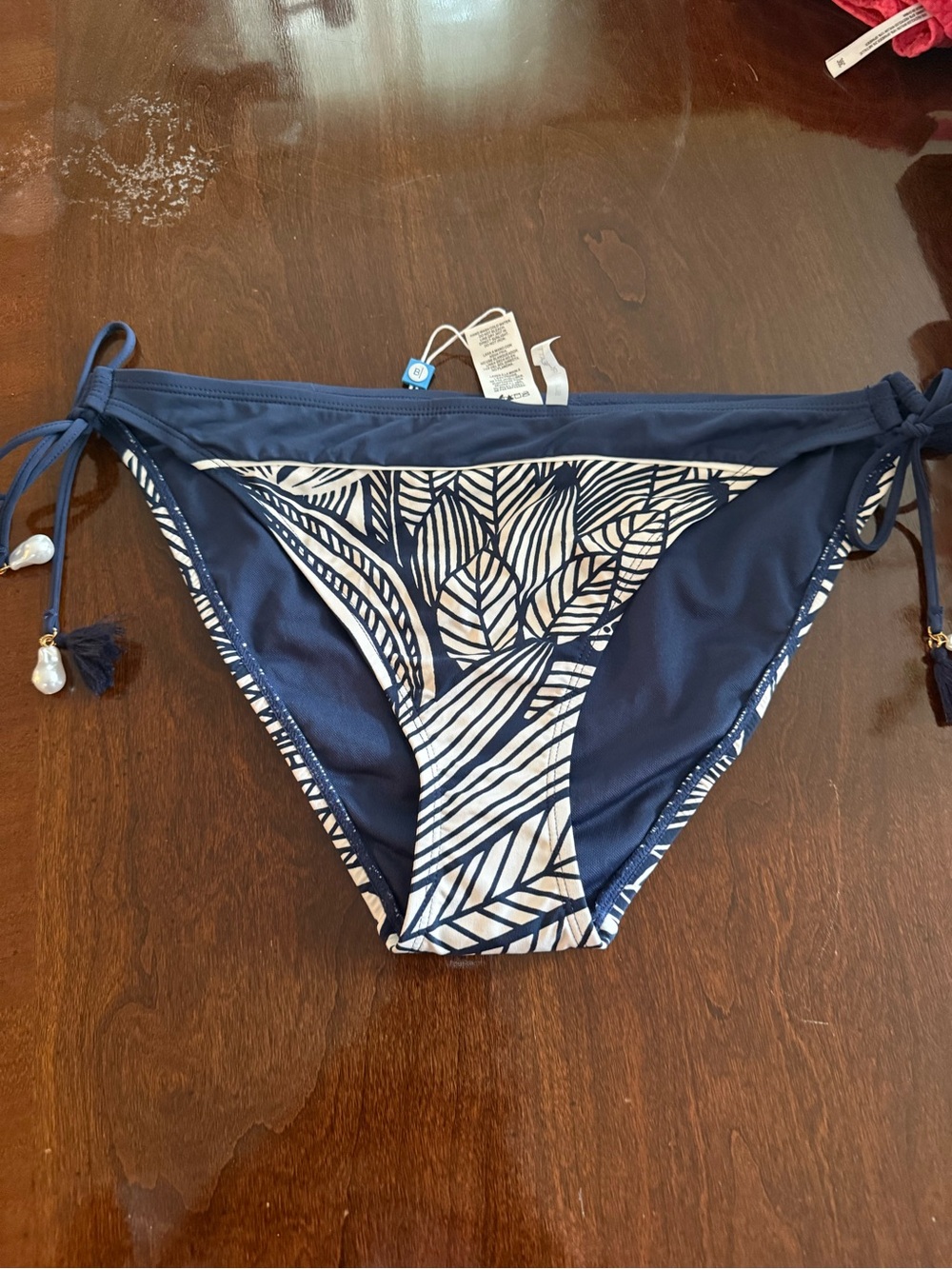 Navy Blue Tropical Print Tie-Side Bikini Bottom